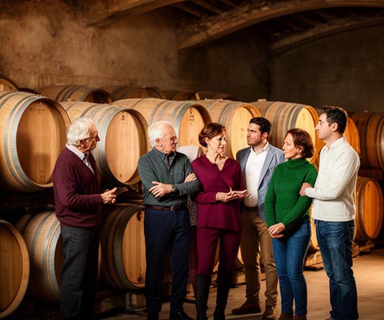 Familia empresaria reunida frente a barricas de una bodega del Penedès durante una reunión de dirección