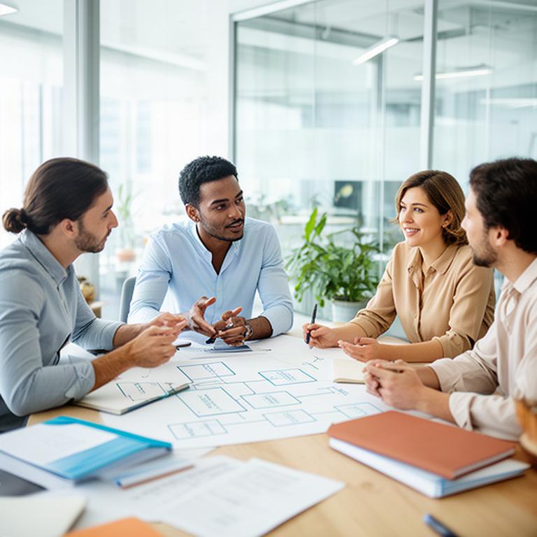 Equipo de una pyme reunido alrededor de una mesa revisando un organigrama en una oficina luminosa