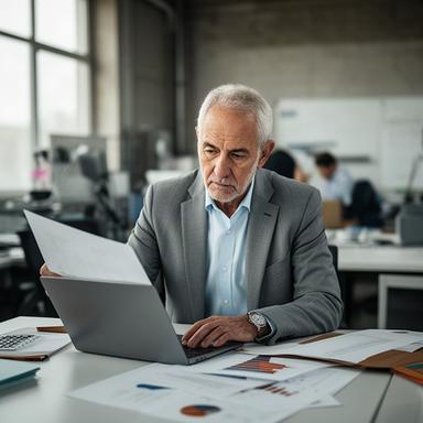 Consultor senior revisando indicadores financieros en una oficina industrial del Vallès