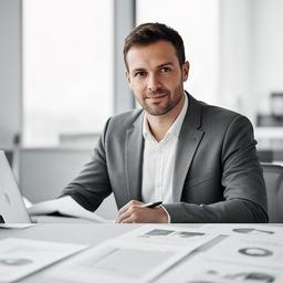 Monju Hll, consultor financiero, trabajando con informes de gestión en una oficina luminosa