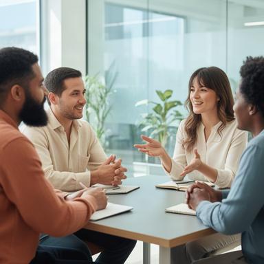 Especialista en recursos humanos conversando con un equipo en una sala luminosa
